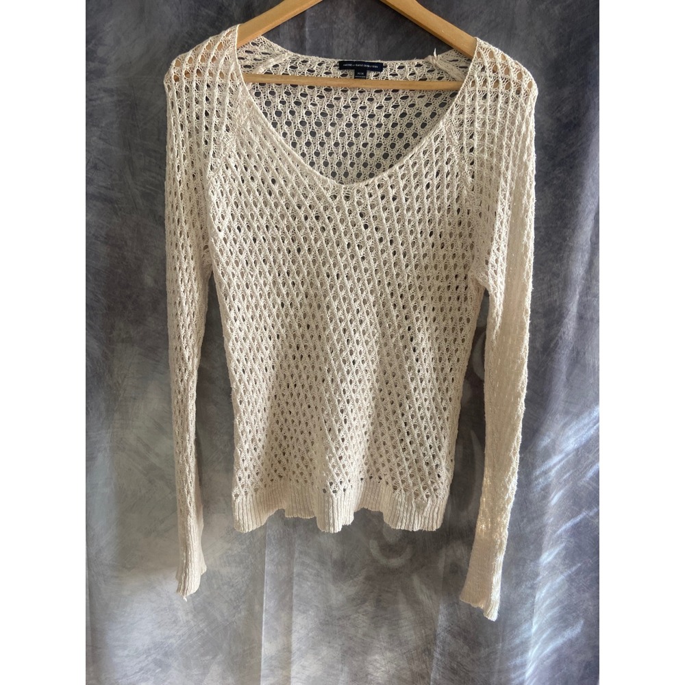 American Eagle Ivory Open Knit V-Neck Sweater Boho Crochet Mesh Long Sleeve Top
